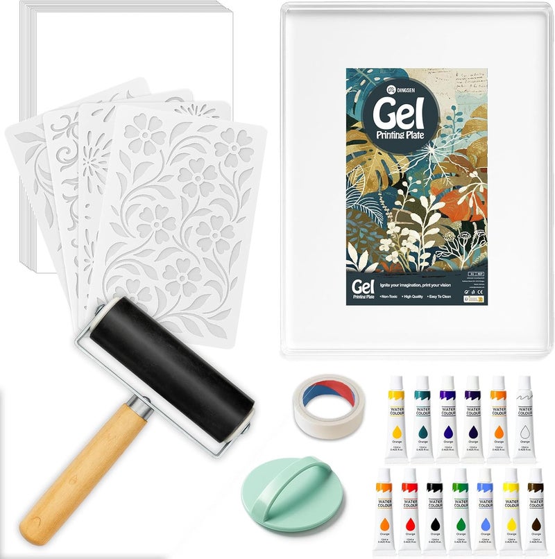 DINGSEN Gel Printing Plate Kit, Complete Printmaking Set with 8” X10” Gel Plate, Brayer, Watercolor Paints, A4 Printmaking Paper, and Essential Tools for Mixed Media Art, Monoprinting, Card Making - Image 1